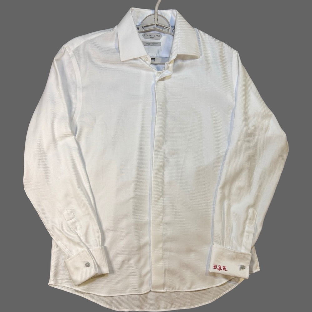 Steven Land Elite Men White Tailored Fit No-Iron Dress Shirt 16.5 34/35 Monogram